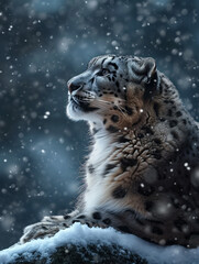 Majestic Snow Leopard Close up Portrait in Winter Wonderland. Rare species conservation and protection concept. 