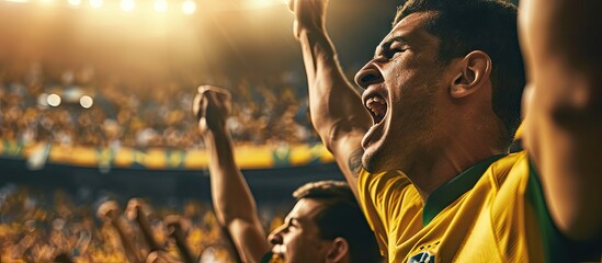 Brazilian young football fans celebrating their team s victory at stadium. Copy space image. Place for adding text