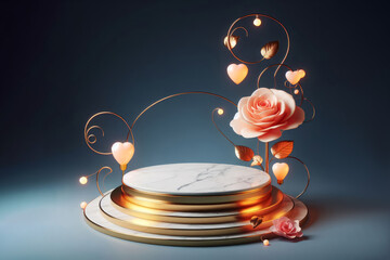 a gold white marble podium peach rose flower and pink heart, ai generated