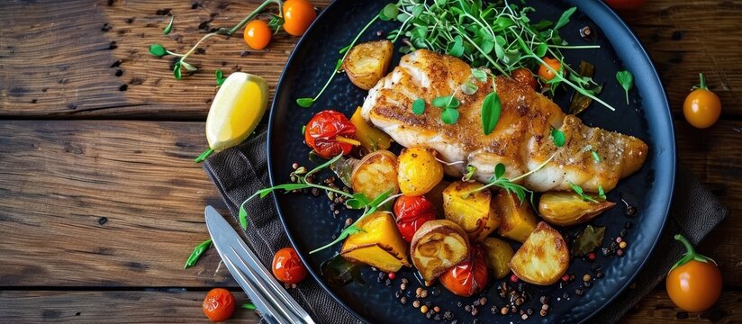 Fried cod loin with baked potatoes and fresh vegetables on black plate on wooden table. Copy space image. Place for adding text