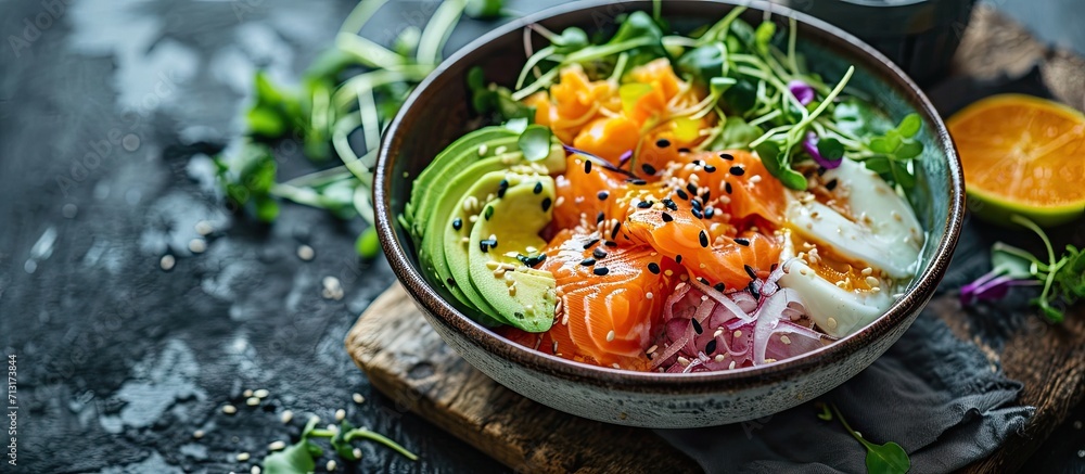 Poster homemade salmon bowl with avocado. copy space image. place for adding text
