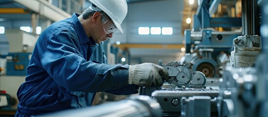 Engineer in blue jumpsuit and white hardhat operating lathe machine. Copy space image. Place for adding text - obrazy, fototapety, plakaty