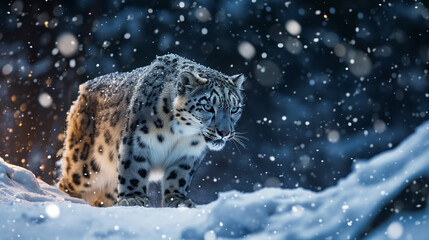 Majestic Snow Leopard in Winter Wonderland. Rare species conservation and protection concept. 