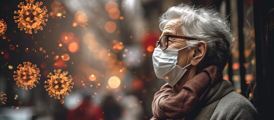 senior old woman in mask quarantine europe Elderly at risk for coronavirus covid 19 Stay at home Chinese virus pneumonia pandemic protection grandmother danger of getting infected. Copy space image - obrazy, fototapety, plakaty