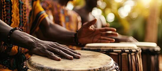 Group of people playing on drums therapy by music. Copy space image. Place for adding text