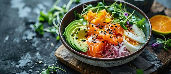 Homemade salmon bowl with avocado. Copy space image. Place for adding text
