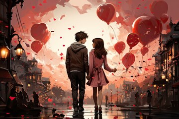 charming scene with two characters falling in love amidst Valentine's Day celebrations.  - obrazy, fototapety, plakaty
