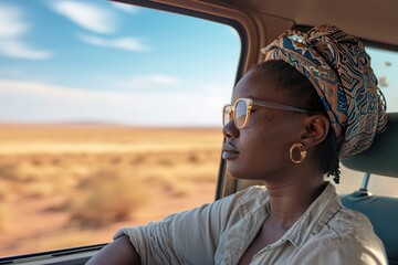 Black woman enjoy window view of desert on road