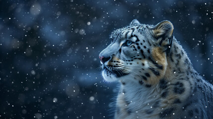 Fototapeta premium Majestic Snow Leopard Close up Portrait in Winter Wonderland. Rare species conservation and protection concept. 