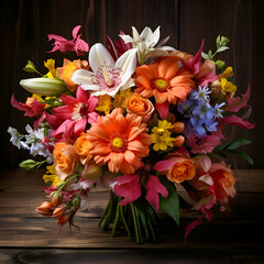 Bouquet of colorful flowers on a dark wooden background. Close-up.
