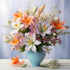 Bouquet of lilies in a vase on a wooden table