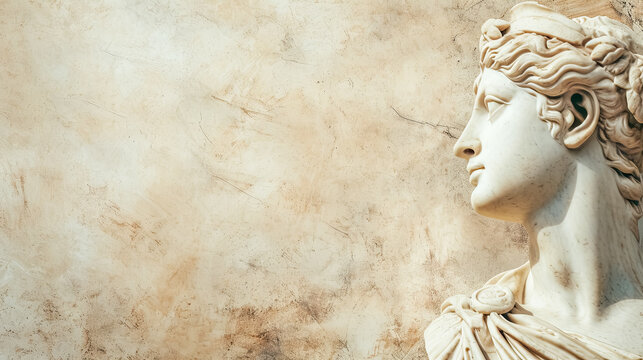 A classical marble statue of a woman in profile, her features etched with the finesse of ancient craftsmanship, set against a textured, cream-colored wall that speaks of history and timelessness