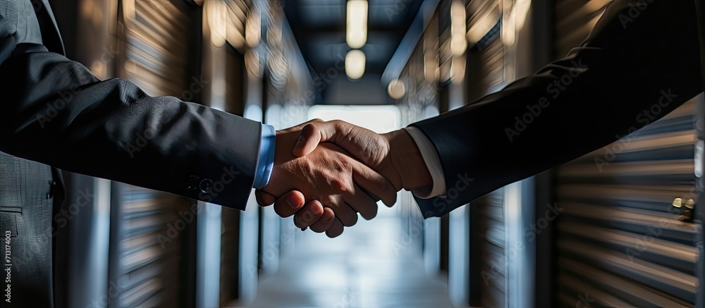 Poster business partners shaking hands and making a deal while standing in storage. copy space image. place