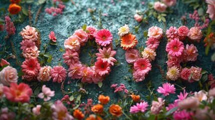 LOVE written with many small and big colorful  flowers