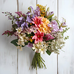 Beautiful bouquet of spring flowers on a white wooden background.