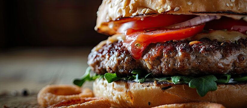 meal close up bun bread meat tasty american culture unhealthy eating onion rings comfort food double patty aioli beef patty brioche bun tomatoes ground meat mustard stuffed burger f. Copy space image