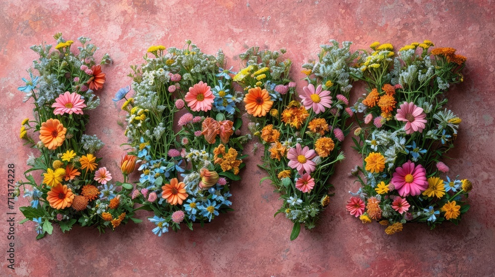 Wall mural LOVE with many small and big flowers on pink background