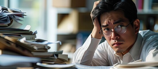 Tired young Asian man accountant businessman freelancer He sits in the office at a table with a laptop looks through documents holds his head in his hands sighs a hard and boring day