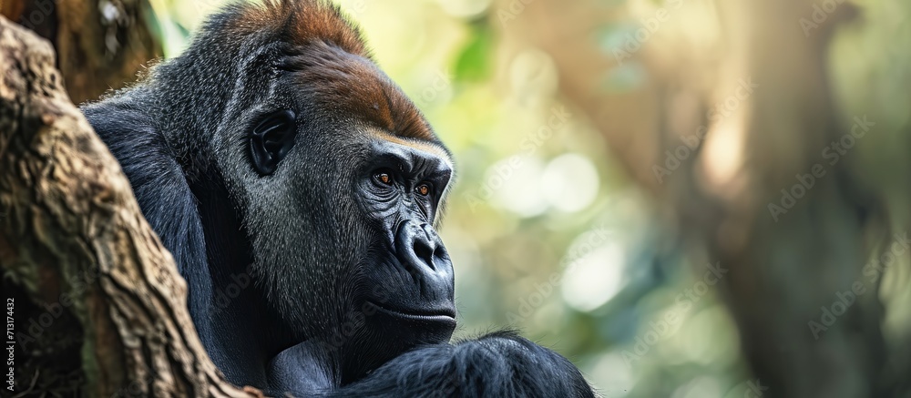 Poster monkey gorilla on tree in zoo. copy space image. place for adding text