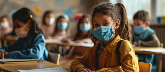Education During Pandemic Diverse group of multiethnic schoolchildren wearing single use medical masks sitting at desk in classroom keeping new normal social distance studying at junior school - Powered by Adobe