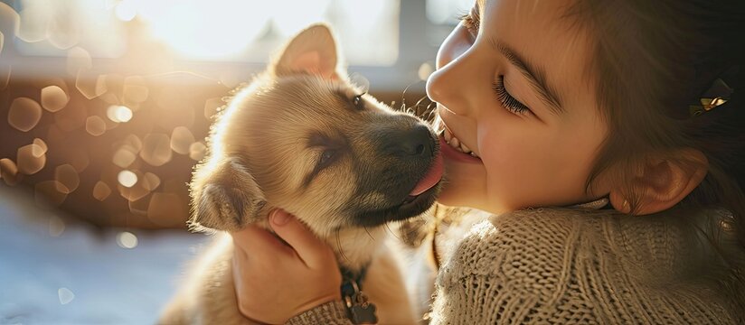 A cute young puppy licking the face of a pretty young girl as she is laughing. Copy space image. Place for adding text