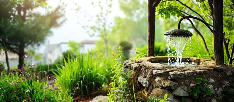 Blue Ancient artesian well from an iron tank in the garden well in the garden saving water in times of drought. Copy space image. Place for adding text