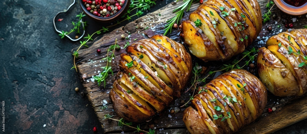 Poster hasselback potatoes with meat and herbs. copy space image. place for adding text