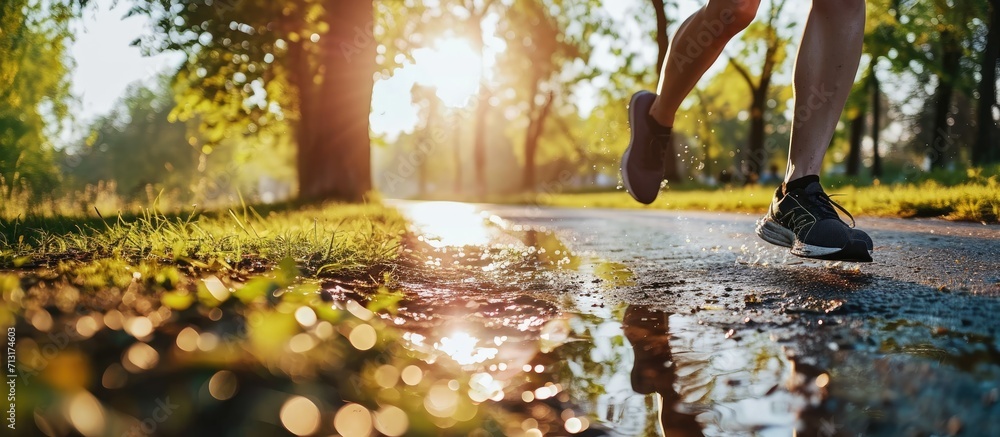 Poster drinking water and staying hydrated person running in the park trying shoe next to bottle of water. 