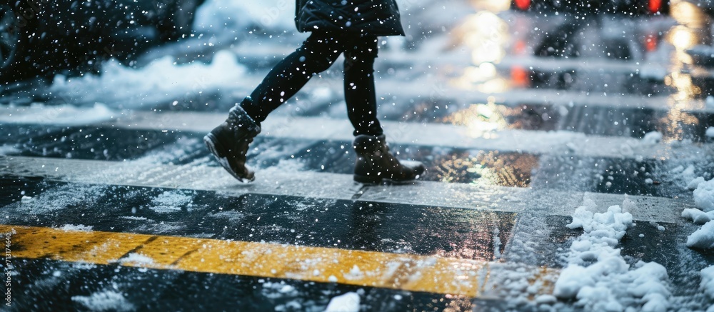 Poster a man crosses a pedestrian crossing that is not properly cleared of snow he may slip and break his l