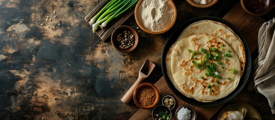 Chinese Scallion Pancakes in a skillet with uncooked pancake and ingredients on a wooden board view from above flatlay. Copy space image. Place for adding text