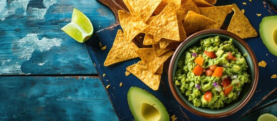 Guacamole bowl with ingredients and tortilla chips on a blue painted wooden table Top view. Copy space image. Place for adding text - Powered by Adobe