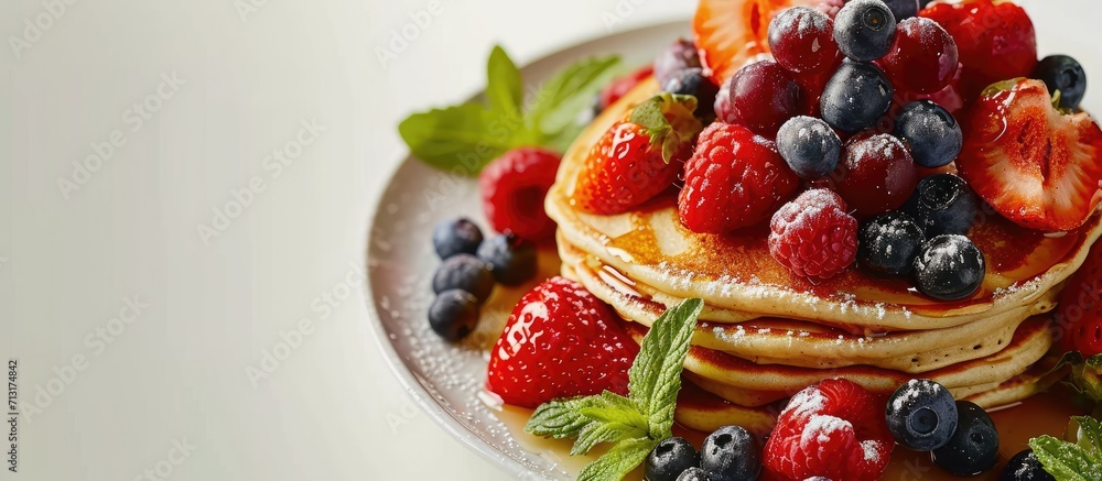 Poster american style pancakes with red fruits falling on top. copy space image. place for adding text
