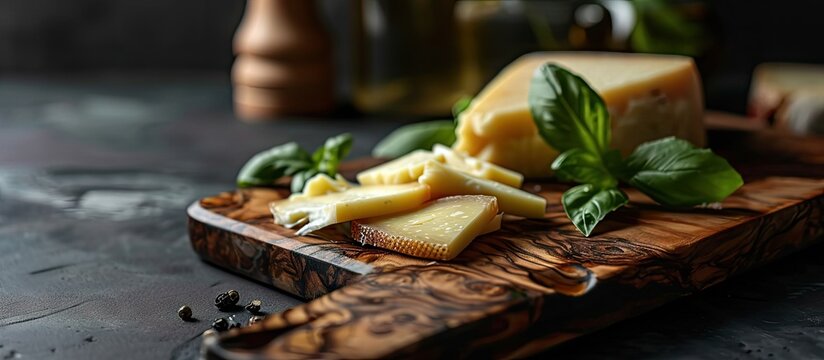 Grilled Rennet or Coalho cheese on a wooden board. Copy space image. Place for adding text