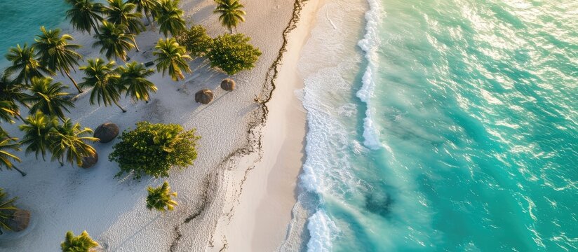 Eagle Beach Aruba Palm Trees on the shoreline of Eagle Beach in Aruba an aerial drone view at the beach from above. Copy space image. Place for adding text