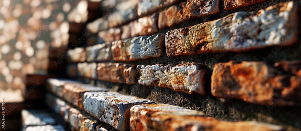 Poster muscular builder with bricks against gradient. copy space image. place for adding text