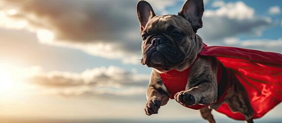 Funny photo of French Bulldog breed dog wearing super hero costume flying through clouds in the sky. Copy space image. Place for adding text