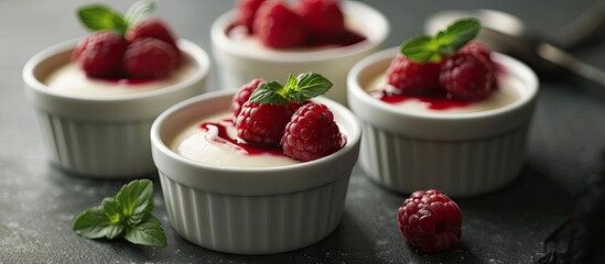 Chocolate pots de creme dessert in ramekins with raspberries. Copy space image. Place for adding text - obrazy, fototapety, plakaty