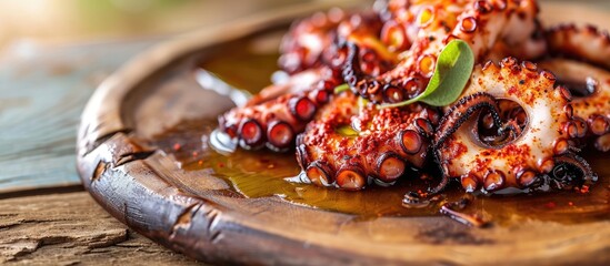 Pulpo a la gallega Plate of chopped octopus with oil and paprika in a round wooden plate on a dark table Typical food of Galicia Spain. Copy space image. Place for adding text