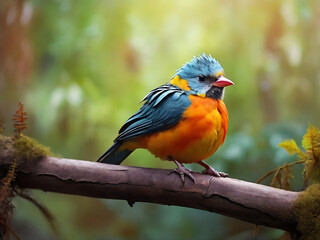 Fototapeta premium colorful bird sits on a branch with a person's hand.