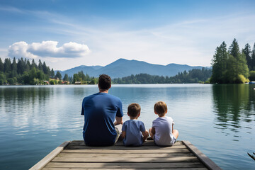 Back view of father and two children sitting together on jetty, Enjoying the mountain view from a...