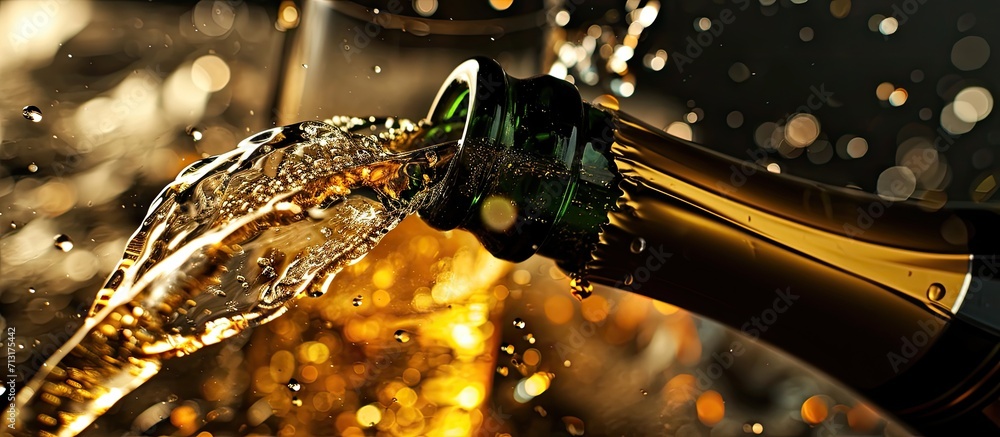 Poster close up of a glass of champagne poured from a bottle. copy space image. place for adding text