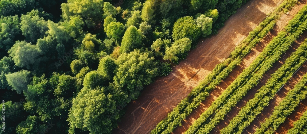 Poster aerial shot of potato plantation from drone pov directly above on sunny summer day. copy space image