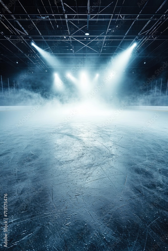 Poster an empty ice rink with spotlights shining on the ice. suitable for sports events or winter-themed de