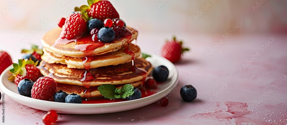 Aufkleber pancakes with berries for kids. copy space image. place for adding text