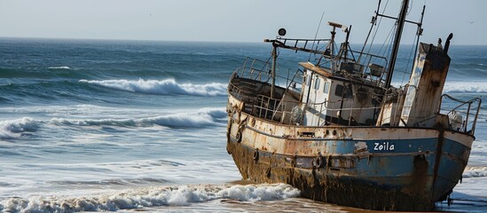 Shipwreck of the fishing trawler Zeila Skeleton Coast Namibia. Copy space image. Place for adding text - obrazy, fototapety, plakaty