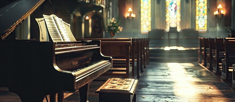 Holy Communion in the church and playing the piano. Copy space image. Place for adding text