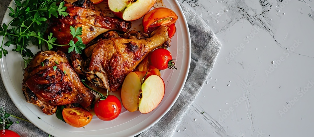 Poster duck legs baked with apples and tomatoes on white plate close up view from above horizontal. copy sp