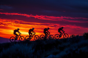 Cyclists Riding Through Fields at Sunset