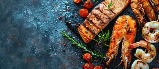 Assorted fresh seafood on a barbecue with prawn or scampi kebabs and a large portion of salmon fillet seasoned with herbs and lemon. Copy space image. Place for adding text