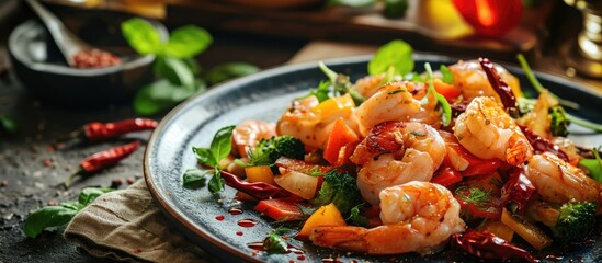 Chinese mix vegetables with shrimp. Copy space image. Place for adding text
